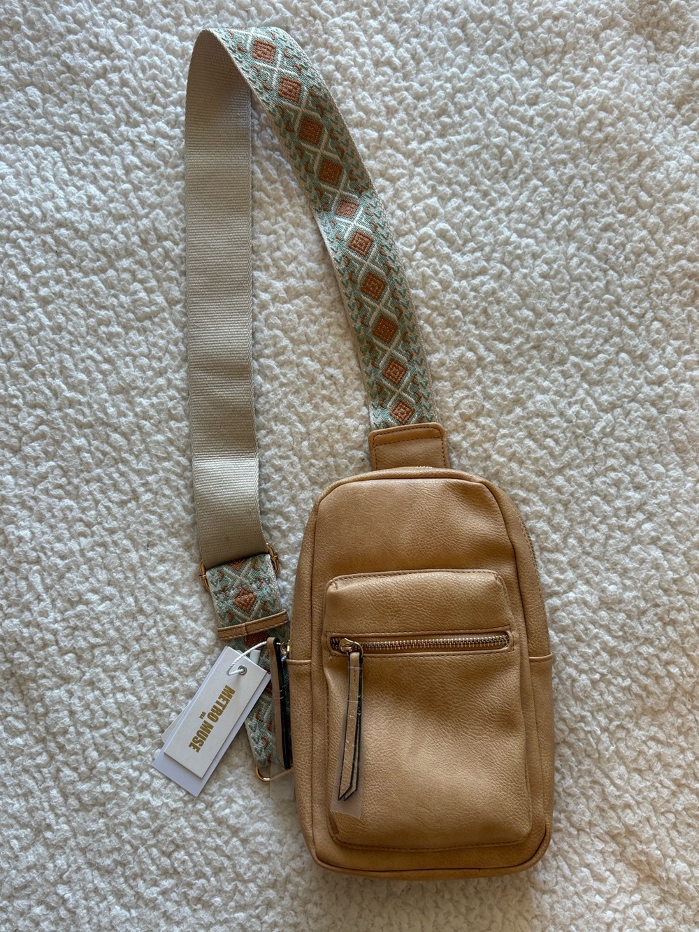 Vegan-Leather Sling Bag with Geometric-Patterned Boho Guitar Strap